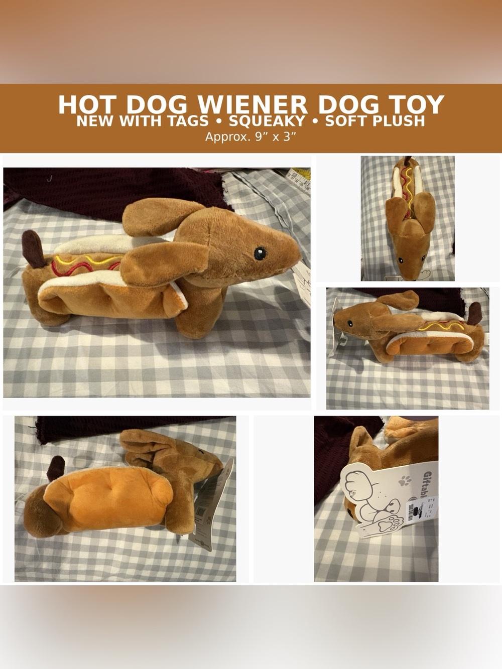 Hot Dog Wiener Dog Plush Squeaky Dog Toy New With Tags